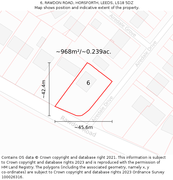 6, RAWDON ROAD, HORSFORTH, LEEDS, LS18 5DZ: Plot and title map