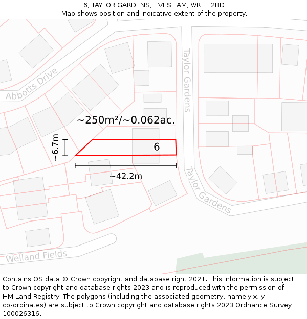 6, TAYLOR GARDENS, EVESHAM, WR11 2BD: Plot and title map