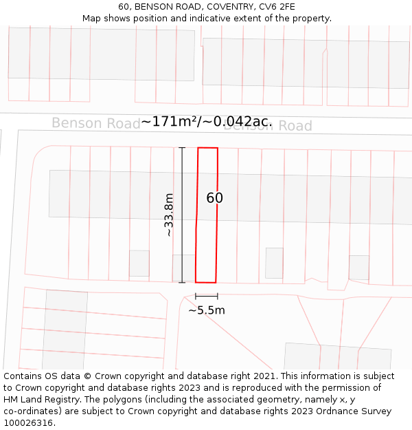 60, BENSON ROAD, COVENTRY, CV6 2FE: Plot and title map