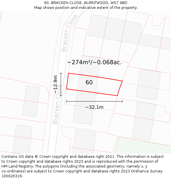 60, BRACKEN CLOSE, BURNTWOOD, WS7 9BD: Plot and title map