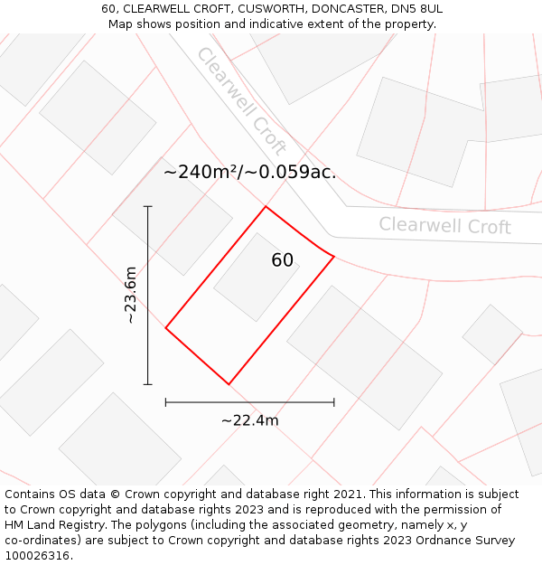 60, CLEARWELL CROFT, CUSWORTH, DONCASTER, DN5 8UL: Plot and title map