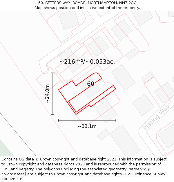 60, SETTERS WAY, ROADE, NORTHAMPTON, NN7 2QQ: Plot and title map