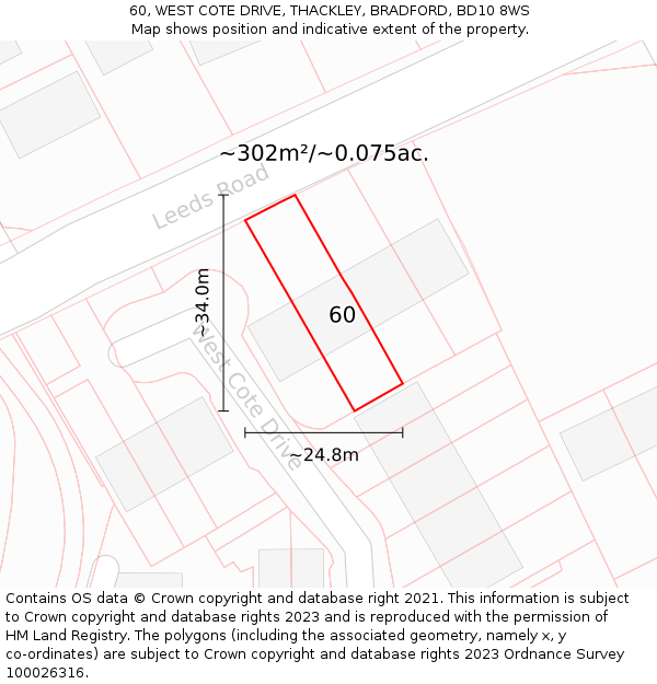 60, WEST COTE DRIVE, THACKLEY, BRADFORD, BD10 8WS: Plot and title map
