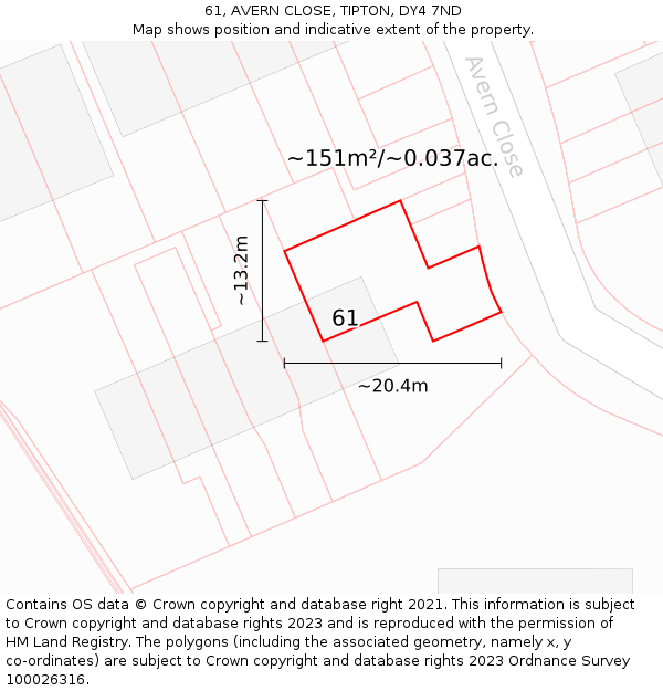 61, AVERN CLOSE, TIPTON, DY4 7ND: Plot and title map