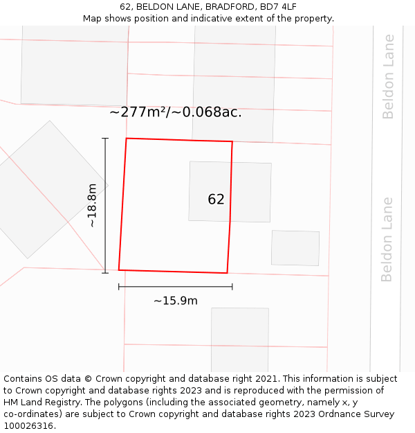 62, BELDON LANE, BRADFORD, BD7 4LF: Plot and title map