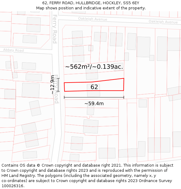 62, FERRY ROAD, HULLBRIDGE, HOCKLEY, SS5 6EY: Plot and title map