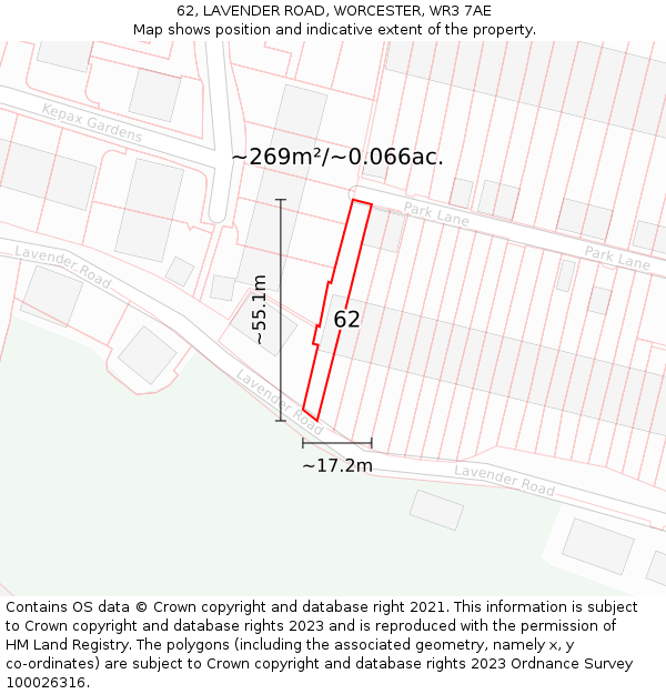 62, LAVENDER ROAD, WORCESTER, WR3 7AE: Plot and title map