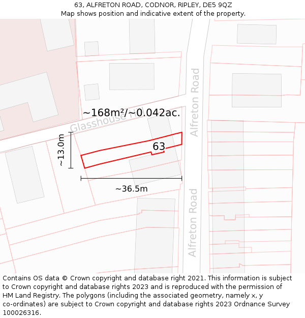 63, ALFRETON ROAD, CODNOR, RIPLEY, DE5 9QZ: Plot and title map