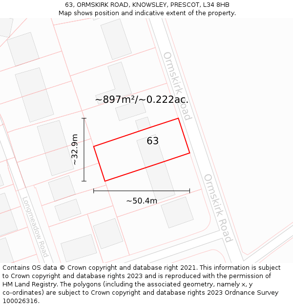 63, ORMSKIRK ROAD, KNOWSLEY, PRESCOT, L34 8HB: Plot and title map