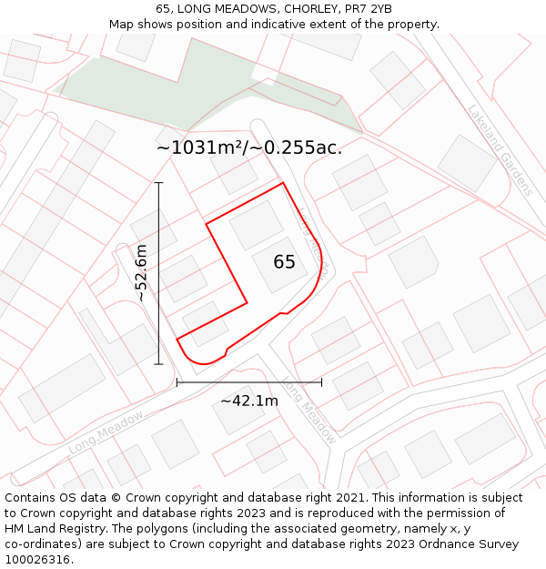 65, LONG MEADOWS, CHORLEY, PR7 2YB: Plot and title map