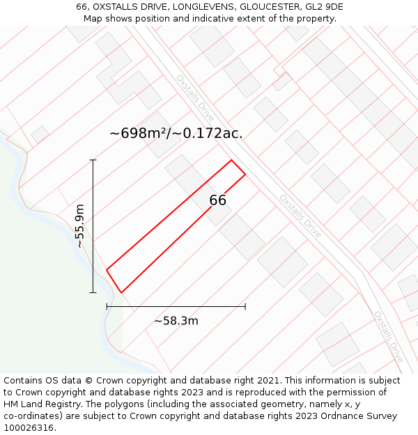 66, OXSTALLS DRIVE, LONGLEVENS, GLOUCESTER, GL2 9DE: Plot and title map