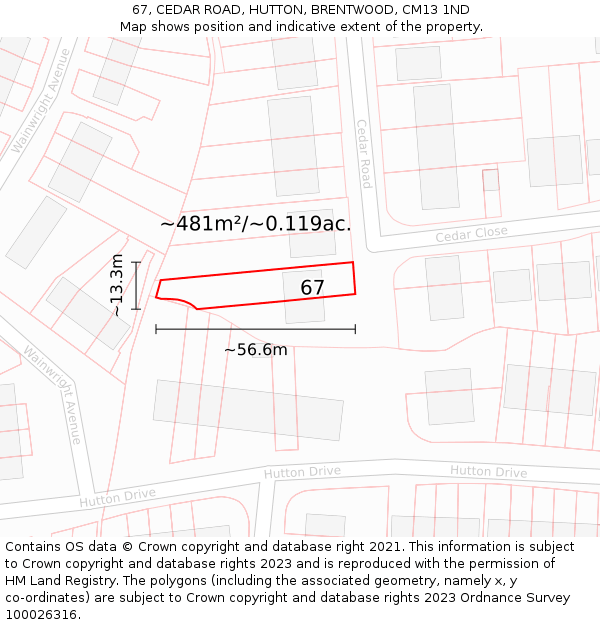 67, CEDAR ROAD, HUTTON, BRENTWOOD, CM13 1ND: Plot and title map