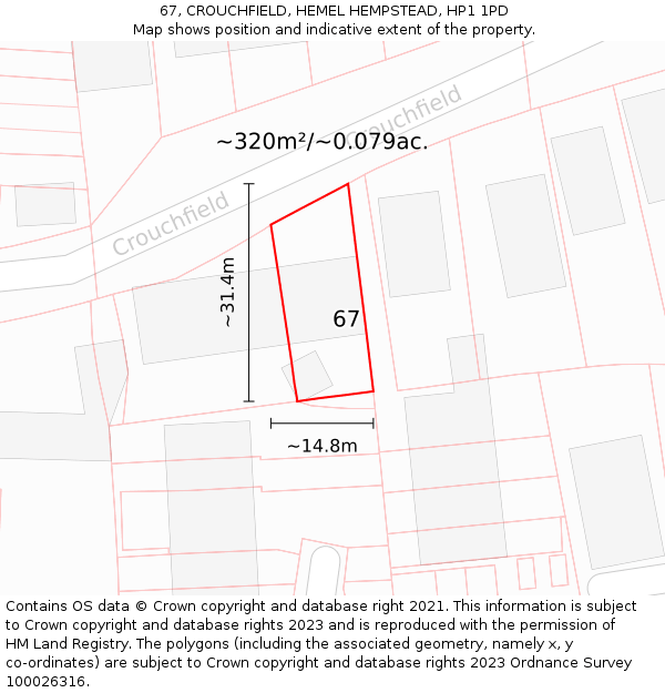67, CROUCHFIELD, HEMEL HEMPSTEAD, HP1 1PD: Plot and title map