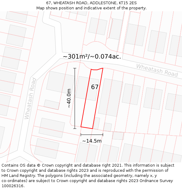 67, WHEATASH ROAD, ADDLESTONE, KT15 2ES: Plot and title map