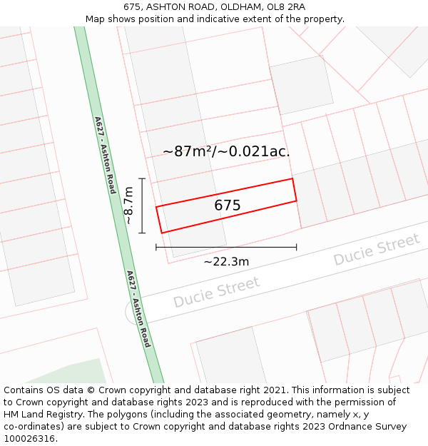 675, ASHTON ROAD, OLDHAM, OL8 2RA: Plot and title map