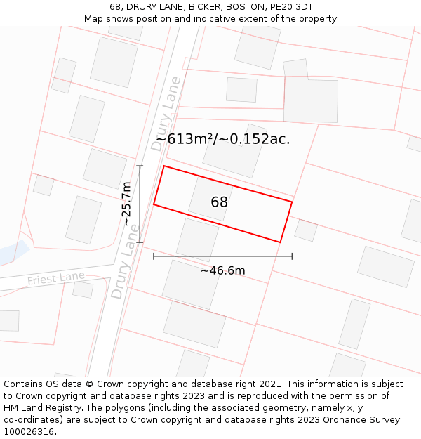 68, DRURY LANE, BICKER, BOSTON, PE20 3DT: Plot and title map