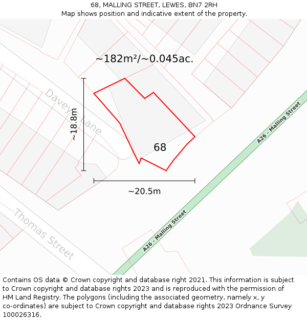 68, MALLING STREET, LEWES, BN7 2RH: Plot and title map