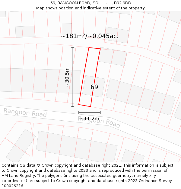 69, RANGOON ROAD, SOLIHULL, B92 9DD: Plot and title map