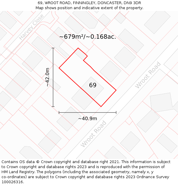 69, WROOT ROAD, FINNINGLEY, DONCASTER, DN9 3DR: Plot and title map