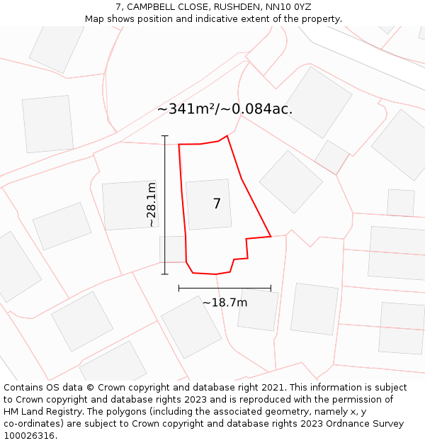 7, CAMPBELL CLOSE, RUSHDEN, NN10 0YZ: Plot and title map
