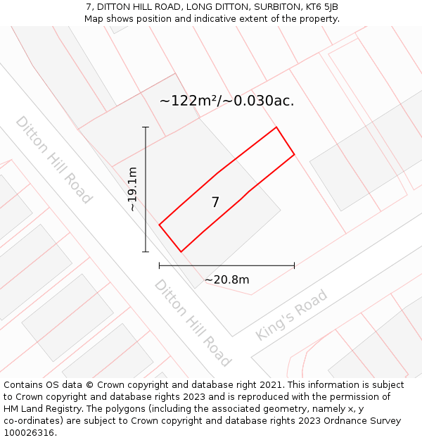7, DITTON HILL ROAD, LONG DITTON, SURBITON, KT6 5JB: Plot and title map