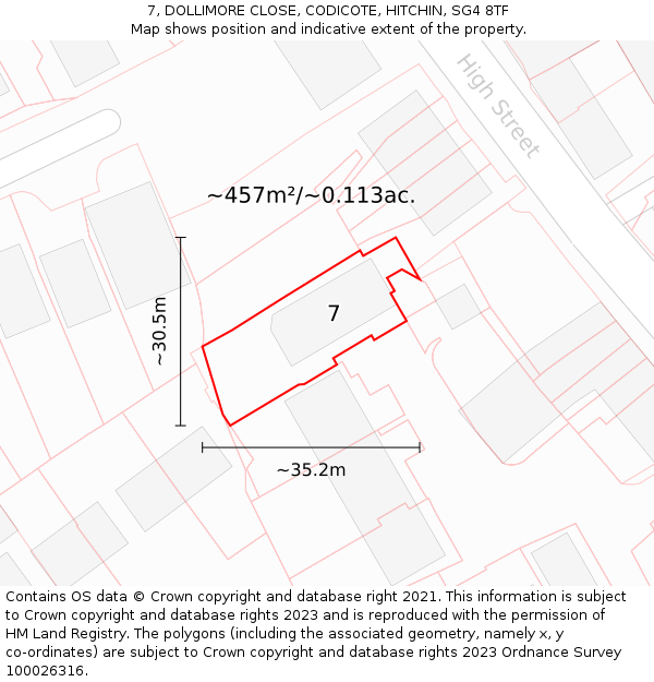 7, DOLLIMORE CLOSE, CODICOTE, HITCHIN, SG4 8TF: Plot and title map