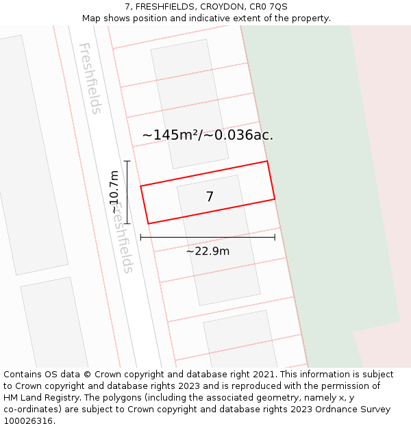 7, FRESHFIELDS, CROYDON, CR0 7QS: Plot and title map