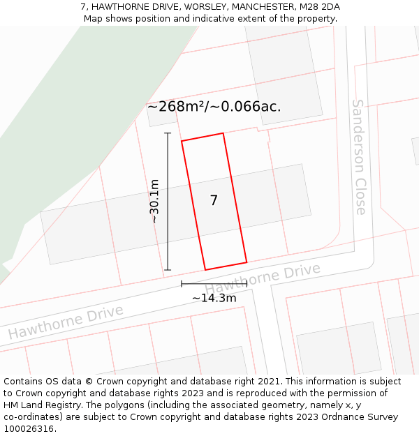 7, HAWTHORNE DRIVE, WORSLEY, MANCHESTER, M28 2DA: Plot and title map