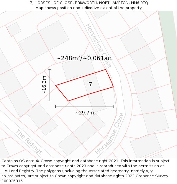 7, HORSESHOE CLOSE, BRIXWORTH, NORTHAMPTON, NN6 9EQ: Plot and title map