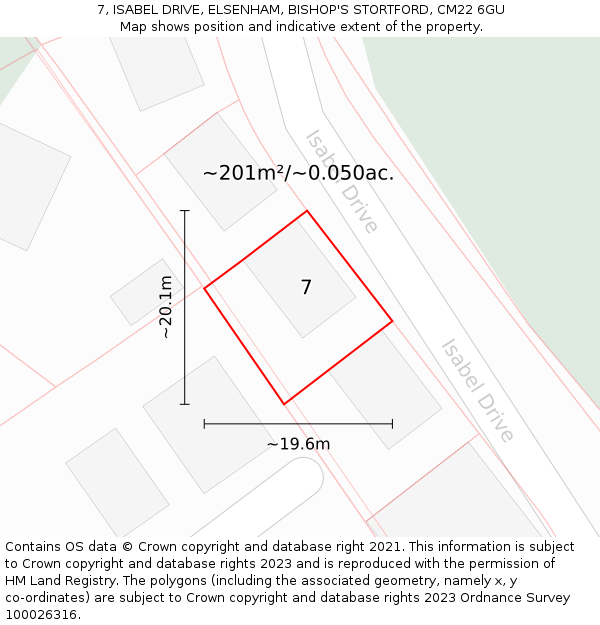 7, ISABEL DRIVE, ELSENHAM, BISHOP'S STORTFORD, CM22 6GU: Plot and title map