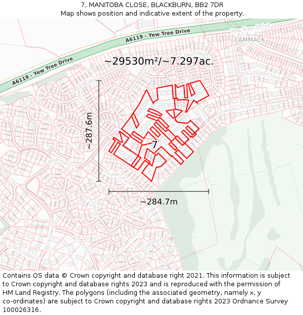 7, MANITOBA CLOSE, BLACKBURN, BB2 7DR: Plot and title map