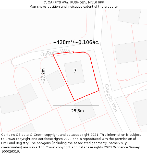 7, OAKPITS WAY, RUSHDEN, NN10 0PP: Plot and title map