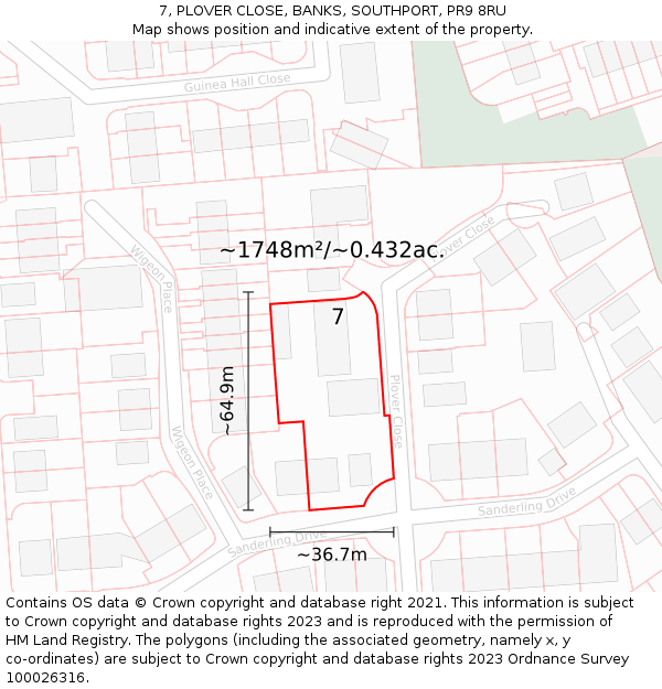 7, PLOVER CLOSE, BANKS, SOUTHPORT, PR9 8RU: Plot and title map