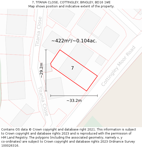 7, TITANIA CLOSE, COTTINGLEY, BINGLEY, BD16 1WE: Plot and title map