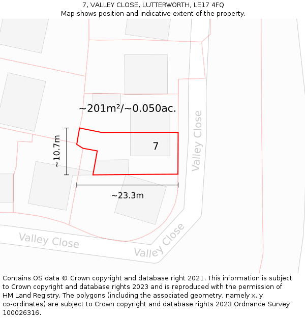 7, VALLEY CLOSE, LUTTERWORTH, LE17 4FQ: Plot and title map