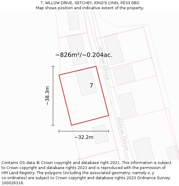 7, WILLOW DRIVE, SETCHEY, KING'S LYNN, PE33 0BG: Plot and title map