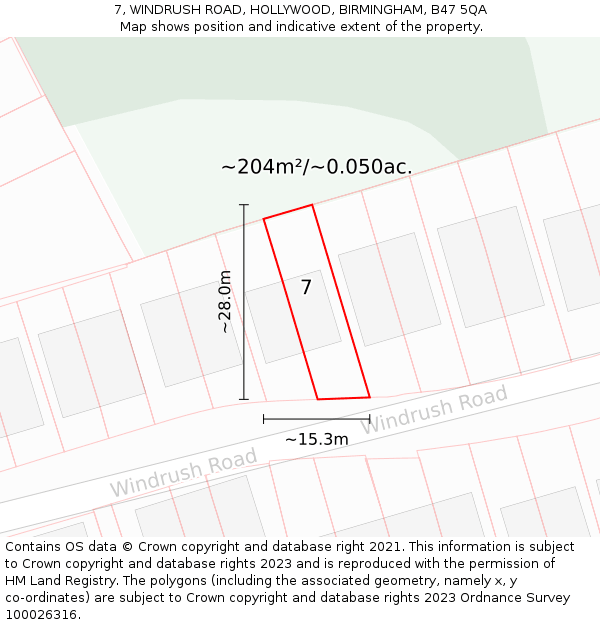 7, WINDRUSH ROAD, HOLLYWOOD, BIRMINGHAM, B47 5QA: Plot and title map