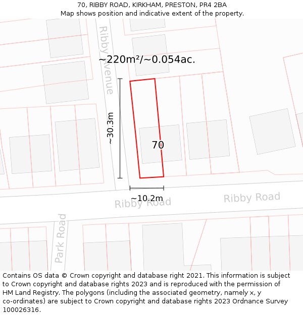 70, RIBBY ROAD, KIRKHAM, PRESTON, PR4 2BA: Plot and title map