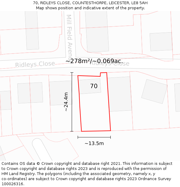 70, RIDLEYS CLOSE, COUNTESTHORPE, LEICESTER, LE8 5AH: Plot and title map
