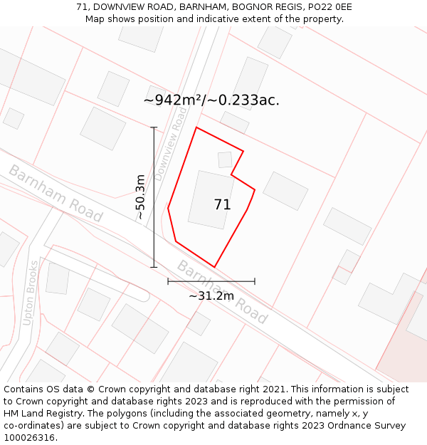 71, DOWNVIEW ROAD, BARNHAM, BOGNOR REGIS, PO22 0EE: Plot and title map