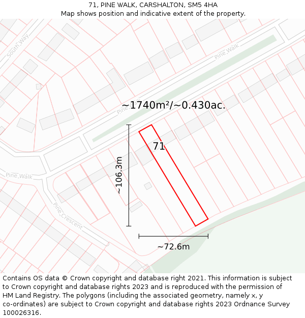 71, PINE WALK, CARSHALTON, SM5 4HA: Plot and title map