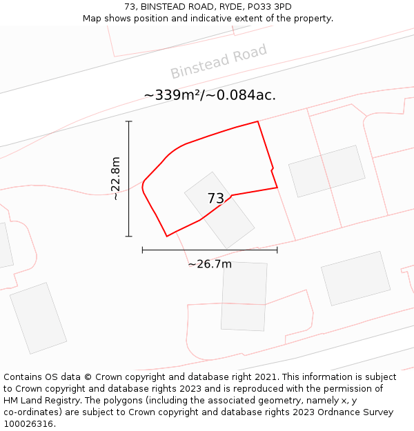 73, BINSTEAD ROAD, RYDE, PO33 3PD: Plot and title map