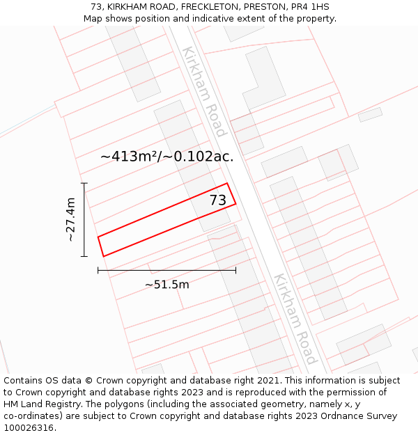 73, KIRKHAM ROAD, FRECKLETON, PRESTON, PR4 1HS: Plot and title map