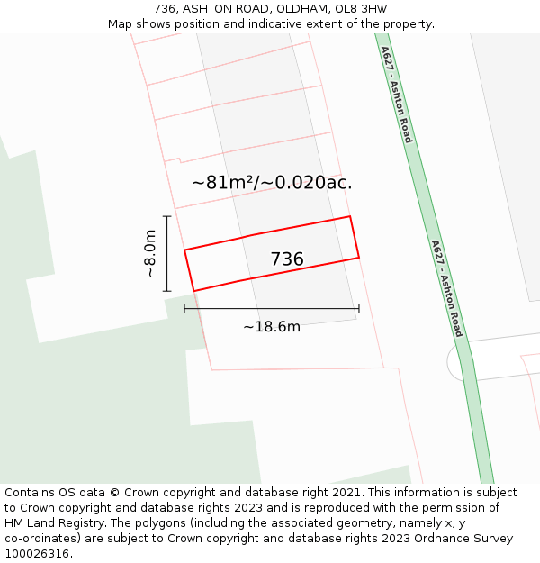 736, ASHTON ROAD, OLDHAM, OL8 3HW: Plot and title map