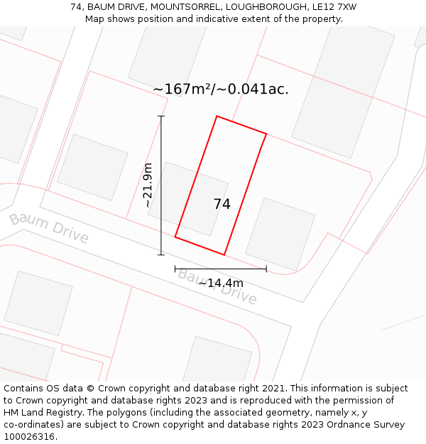 74, BAUM DRIVE, MOUNTSORREL, LOUGHBOROUGH, LE12 7XW: Plot and title map