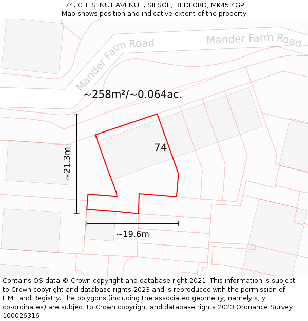 74, CHESTNUT AVENUE, SILSOE, BEDFORD, MK45 4GP: Plot and title map