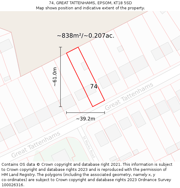 74, GREAT TATTENHAMS, EPSOM, KT18 5SD: Plot and title map