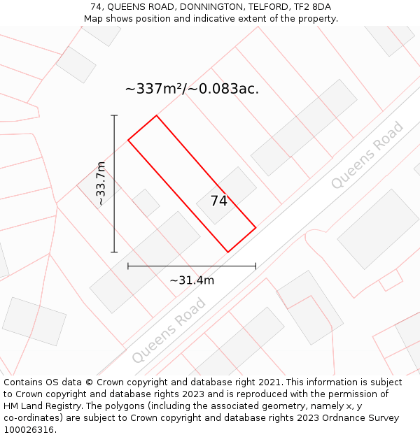 74, QUEENS ROAD, DONNINGTON, TELFORD, TF2 8DA: Plot and title map