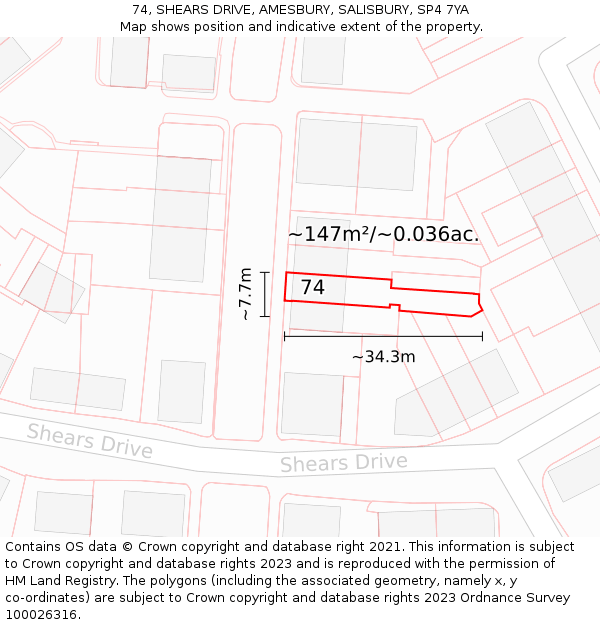 74, SHEARS DRIVE, AMESBURY, SALISBURY, SP4 7YA: Plot and title map