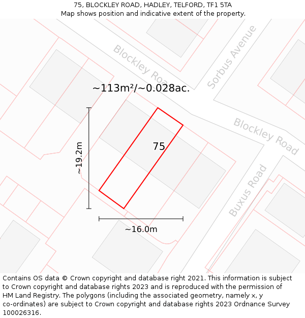 75, BLOCKLEY ROAD, HADLEY, TELFORD, TF1 5TA: Plot and title map
